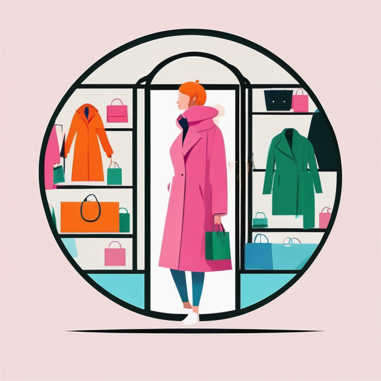 Personal-Shopping Frau in pinkem Mantel steht in einem Modegeschäft vor Kleidersäulen.